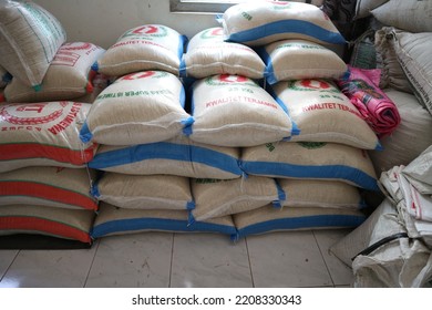 Yogyakarta, 30 September 2022: Pile Of Rice Sacks As Stock Of Food In A Warehouse. 