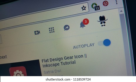 Yogyakarta, Indonesia - 22 June 2018 : Youtube Bell Notification Icon Button Show Some Notification Info Close Up On Laptop Screen