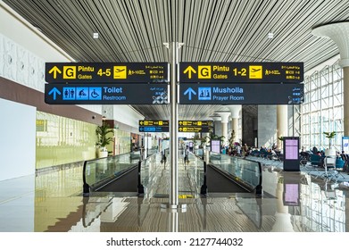 YOGYAKARTA, INDONESIA - DECEMBER 3, 2020 : Interior and Signboard of Yogyakarta Intl Airport in multiple languages.
