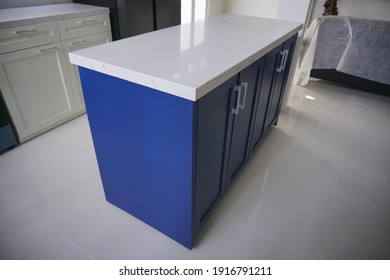 Yogyakarta, Indonesia - February 14 2021: Blue Counter Table With Kitchen Set Cabinet In The Background Taken From Several Angle.