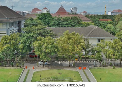 Yogyakarta, Indonesia - Juli 22 2020: Aerial View Of Local Campus Health Department Or Fakultas Kesehatan Universitas Gajah Mada.