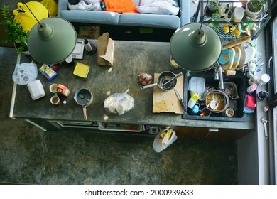 Yogyakarta, Indonesia - July 2 2021: Top Angle Of A Messy Industrial Kitchen With Kitchen Utensil On Top Of Table.