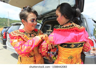 Yogyakarta, Indonesia, March 11, 2018. Balinese dancers are decorated in preparation for the performance in the Melasti worship series.