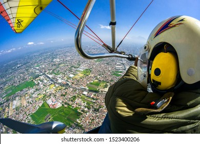 Yogyakarta, Indonesia - October 06, 2019: The view of Yogyakarta city that is seen from above using microlight aircraft.