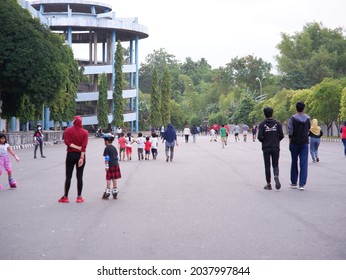 Yogyakarta, Indonesia - September 4, 2021: People Recreation And Do Jogging In Local Football Stadium Yogyakarta.