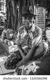 Yogyakarta, Indonesia-10.07.2018:A Wonderful  Monochrome Portrait Of Middle Aged South Asian Man On Street In Black And White, . Indonesia