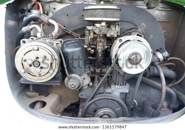 Yogyakarta,ID - April 6 2019 : vw bug beetle engine\
parts, rusty and\
old