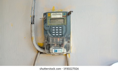 YogyakartaIndonesia - March 6th 2021 : Prepaid Electricity Meter For Home Provided By PLN (Indonesian Goverment Electricity Company), Electric Meter By Itron And Schneider Electric