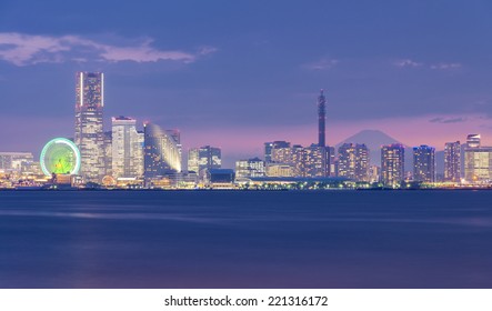 Yokohama Harbour At Twilight With Mt Fuji On The Background