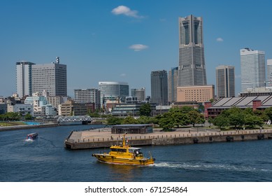 YOKOHAMA, JAPAN - June 17, 2017 : Panoramic view of Yokohama Minato Mirai 21 buildings from Osanbashi Pier. Minato Mirai 21 is a seaside urban area in central Yokohama