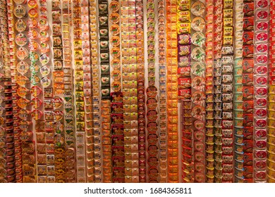Yokohama, Japan; September 8th 2019; Cup noodles variety displayed on a wall in the Cup Noodles Museum.