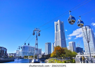 Yokohama, Japan-October 23, 2021: Scenery with a ropeway in the Minato Mirai district in the clear autumn weather in Yokohama City, Kanagawa Prefecture 
