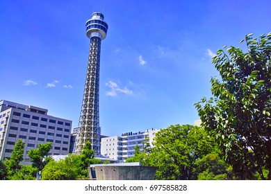 Yokohama Marine Tower Seen From Yamashita Park In Summer