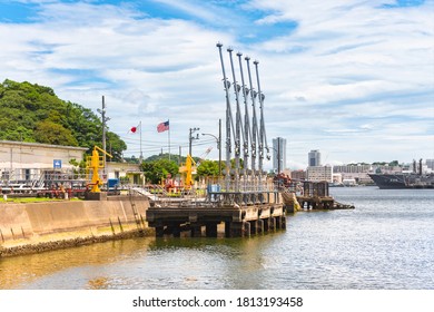 Yokosuka, Japan - July 19 2020: Pipelines Of The Arai Canal Waterway Fuel Terminal Along The Azuma Storage Area Of Azuma Island Belonging To The United States Seventh Fleet In The Yokosuka Naval Port