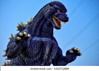 YOKOSUKA, KANAGAWA / Japan - Apr. 6, 2019: Godzilla statue in Kurihama Hananokuni(Kurihama Flower Park), Godzilla is very popular in movie or animation.