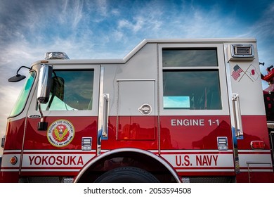 Yokosuka, Kanagawa Prefecture, Japan - October 5, 2021: A US Navy Fire Engine At The National Night Out On The US Naval Base.