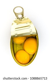 Yolk Egg Inside Tin Can Isolated With Space Copy, Conceptual Realism