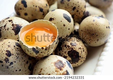 Yolk quail egg without shell and raw organic quail eggs in bowl on white background.