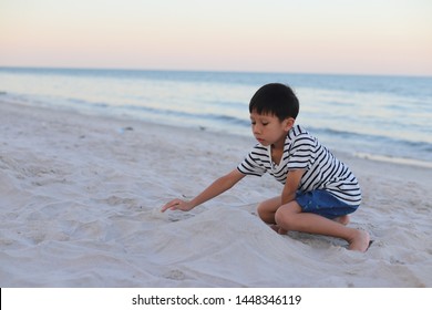 Yong Asian Boy Is  Building Sand Castle Alone On The Beach.