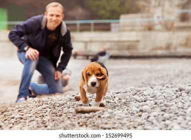Yong man playing with his beagle pet on the sea coast