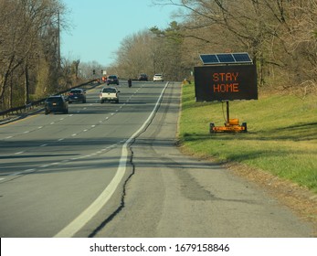 Yonkers, New York/USA-March 21,2020-Stay Home,Stop The Spread Say The Information Sign On The Sprain Brook Parkway In Westchester County. The Sign Is Speaking About The Covid-19; The Corona Virus.