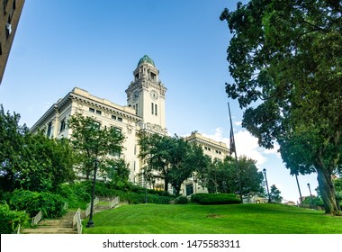 Yonkers, NY / United States - Aug. 10, 2019: A Landscape View Of  Yonkers Historic City Hall.