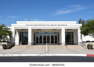 YORBA LINDA, CALIFORNIA - FEBRUARY 24, 2017: Richard Nixon Library And Birthplace Main Entrance. The Presidential Library And Museum And Final Resting Place Of The 37th President.