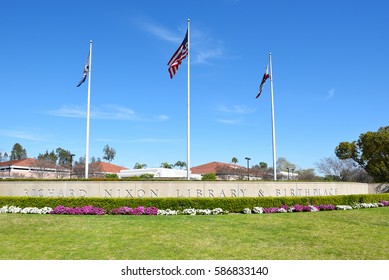 YORBA LINDA, CALIFORNIA - FEBRUARY 24, 2017: Sign At The Richard Nixon Library And Birthplace. The Presidential Library And Museum And Final Resting Place Of The 37th President.