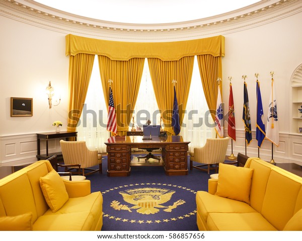 YORBA LINDA, CALIFORNIA -\
FEBRUARY 24, 2017: Richard M Nixon Oval Office recreation. The\
replica room is part of the museum at the Nixon Library and\
Birthplace.