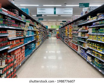 York. England. 05.26.21. Well stocked canned food aisle in a British supermarket.