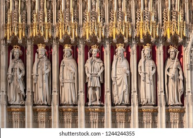 York, England - April 2018: The Kings Screen curtained between the nave and the choir inside cathedral of York Minster depicting fifteen figures of English kings from William the Conqueror to Henry VI