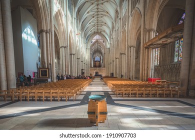 York, England - February 24 2018: The gothic interior of York Minster Cathedral with natural light in York, North Yorkshire, England.