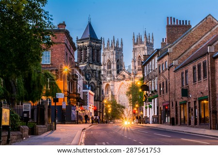 York, evening cityscape view from the street with York Minster in the background.England,United Kingdom,Europe