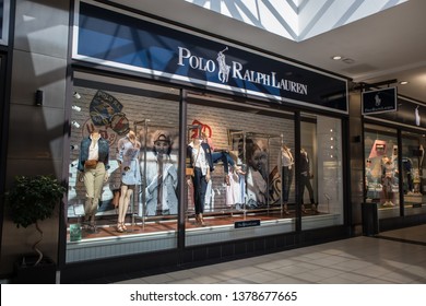 York / Great Britain - March 29, 2019 : Exterior of Polo Ralph Lauren fashion clothing store shop showing company logo, sign, signage and branding.  Inside shopping centre mall