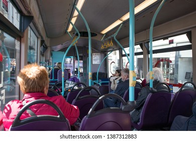 York / Great Britain - March 29, 2019 : Passengers Seated Inside First Bus Opperated Inservice Bus.  Public Transport