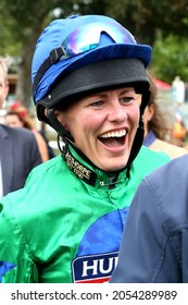 YORK RACECOURSE, YORK, UK : 29 September 2021 : Sarah Jane Barker Laughing Before Taking Part In The 2021 Running Of The Ernest Cooper Macmillan Charity Ride Of Their Lives At York Races