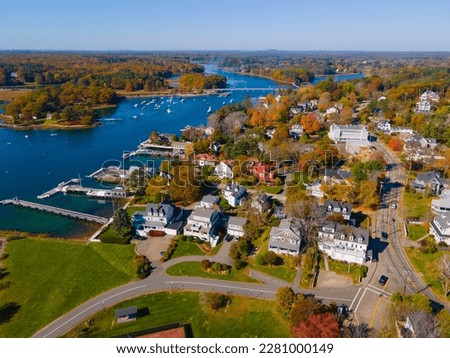 York River aerial view at Stage Neck at the river mouth to York Harbor in town of York, Maine ME, USA. 