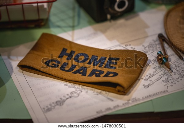YORK, UK - 6TH\
AUGUST 2019: Home Guard armband from World War 2 on display at a\
museum in the North of the\
UK