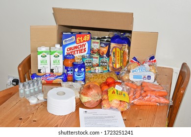 York UK April 23 2020 A Government Food Parcel Which Are Being Delivered Weekly To Clinically Extremely Vulnerable People Across The UK, The Parcel Contains 7 Days Food And Essentials For 1 Person