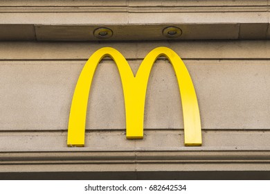 YORK, UK - JULY 18TH 2017: The recognisable McDonalds logo above one of their restaurants in York, UK, on 18th July 2017.