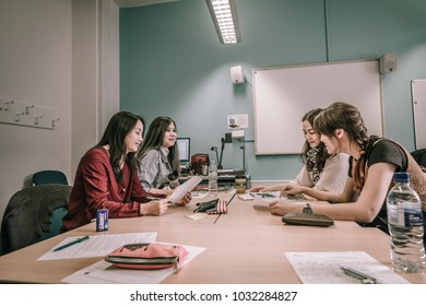 York, UK - July 21, 2017 : Asian Female Students Discussion In A Lecture Room In York St John University During Summer Course