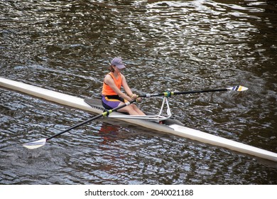 York, West Yorkshire  UK - August 10th 2021: Female Rower, River Ouse, York