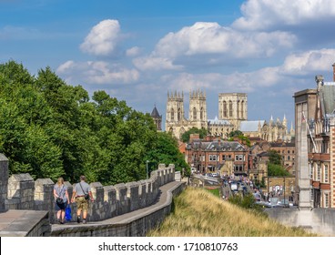 York, Yorkshire, UK, 08/08/2015 - view from the city wall of York with the Minster in the background on a sunny day.