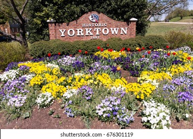 Yorktown Historic Marker In Colorful Flower Bed