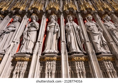 York.Yorkshire.United Kingdom.February 14th 2022.The choir screen in York Minster cathedral features statues of kings of England.From William the conqueror to henry the sixth