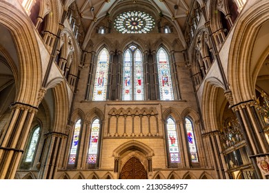 York.Yorkshire.United Kingdom.February 14th 2022.View of the Rose window in the  South Transept inside York Minster cathedral in Yorkshire