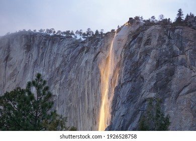 Yosemite Horsetail At El Capitan Fall Firefall During Sunset Waterfall Turning Orange Glowing Fire