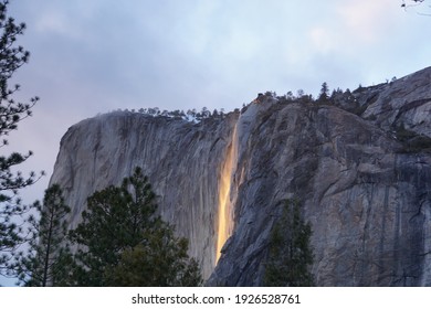 Yosemite Horsetail At El Capitan Fall Firefall During Sunset Waterfall Turning Orange Glowing Fire