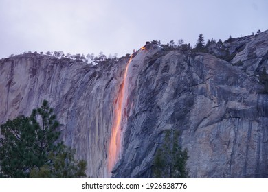 Yosemite Horsetail At El Capitan Fall Firefall During Sunset Waterfall Turning Orange Like Lava Glowing