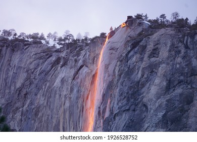 Yosemite Horsetail Fall Firefall At El Capitan During Sunset Waterfall Turning Orange Like Lava